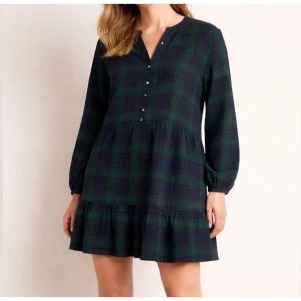 LOFT Plaid Tiered Mini Dress Blackwatch Preppy Academia Green Navy Size XL